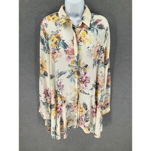 Entro Floral Print Long Sleeve‎ Button Up Blouse Top Womens Sz L Bohemian Flowy